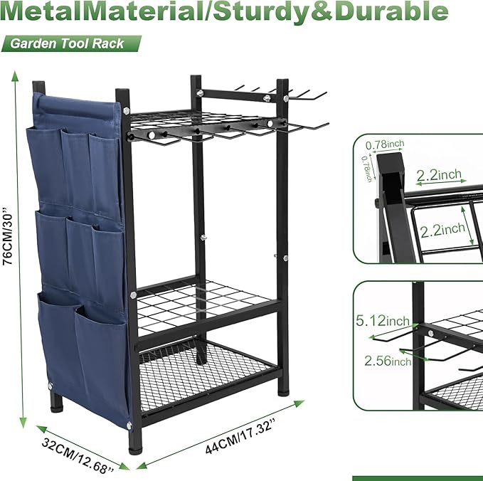 3-Tier Garden Tool Organizer Rack, Heavy Duty Metal Yard Tool Stand for Garage, Shed, Outdoor, Holds Up to 50 Long-Handled Tools, Rakes, Brooms, Shovels