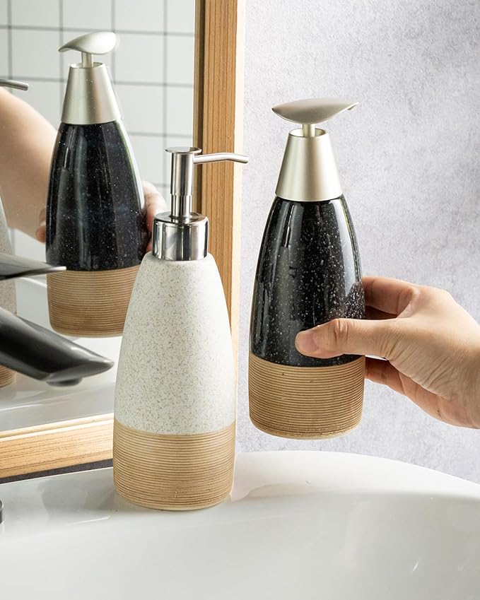 12 oz Dish Soap Dispenser with Plastic Pump & Stainless Steel Pump for Hand Soap, Shampoo, Lotion, Conditioner, Ceramic Refillable Soap Bottle with Silicone Funnel for Bathroom & Kitchen, White