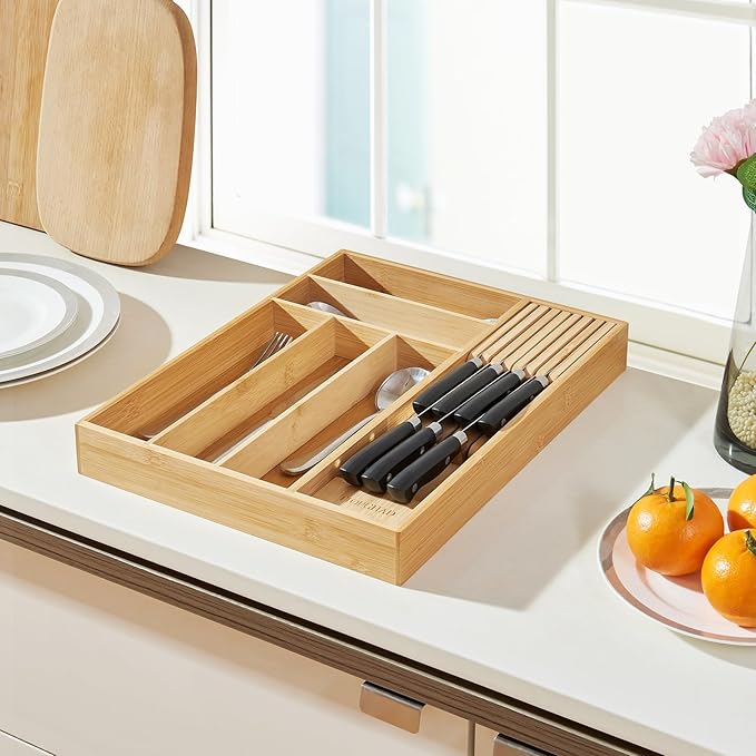 Small-Bamboo-Silverware-Drawer-Organizer, Expandable Utensil Kitchen Cutlery Tray Flatware Organization Adjustable Wood Tableware Dividers Storage (with Removable Knife Block)(Natural)