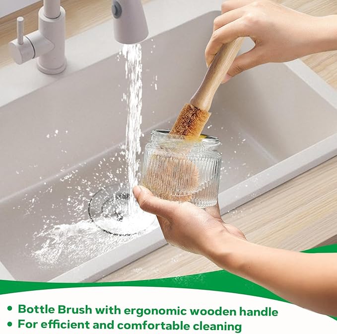 Bamboo Dish Brush Set - 5 Packs Natural Wooden Kitchen Brush, 4 Dish Scrubbers with One Replacement Head, Cleaning for Pots, Bottles and Vegetables