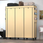 Portable Wardrobe with 10 Storage Racks and 2 Hanging Poles 6 Side Pockets Fleece Cover, Size 130 x 45 x 172 cm, Bedroom Closet Organizer (Beige)