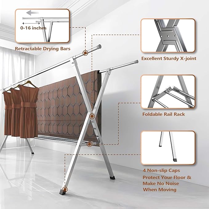 JAUREE Clothes Drying Rack 2 Tiers, Heavy Duty Drying Rack Clothing Folding Indoor Outdoor, Stainless Steel Laundry Drying Rack, Foldable Garment Rack with 20 Windproof Hooks (84 Inches)