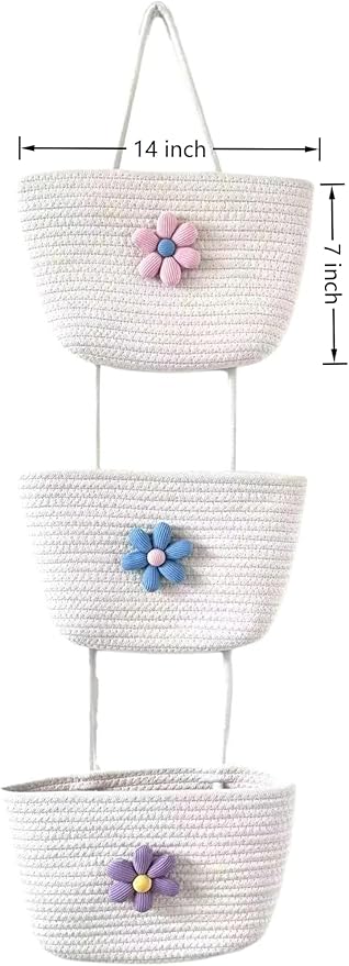 Nursery Must-Have! 3-Tier Cotton Hanging Baskets with Adorable Flowers - Soft Woven Storage for Baby Clothes, Toys & Essentials, Over-the-Door Organizer