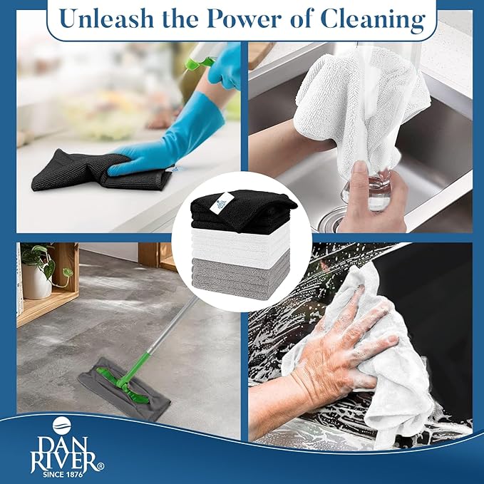 DAN RIVER 24-Pack Microfiber Towels – Ultra Absorbent, Lint-Free & Streak-Free Kitchen Rags Cleaning for Home, & Car - Must-Have Cleaning Essentials - 12" x 12" - Gray White Black