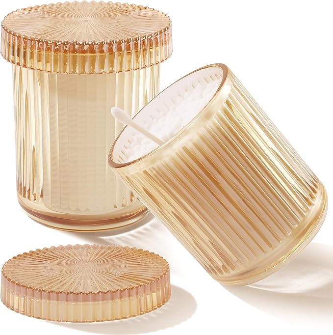 rejomiik Glass Qtip Holder Dispenser 2 Pack, Bathroom Canister Apothecary Jars with Lids, Vanity Makeup Accessories Storage Organizer for Cotton Swabs, Cotton Balls, Pads, Floss Picks, Amber