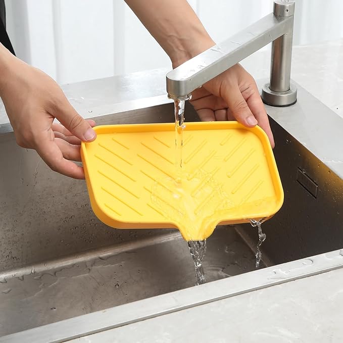 Silicone Bathroom Soap Dishes with Drain Spout-Bathroom and Kitchen Sink Organizer,Sponge Holder,Dish Soap Tray,Perfect for Dispenser,Scrubber,Bottle,Cup on Sink or Counter-Yellow 9.6"×5.3"