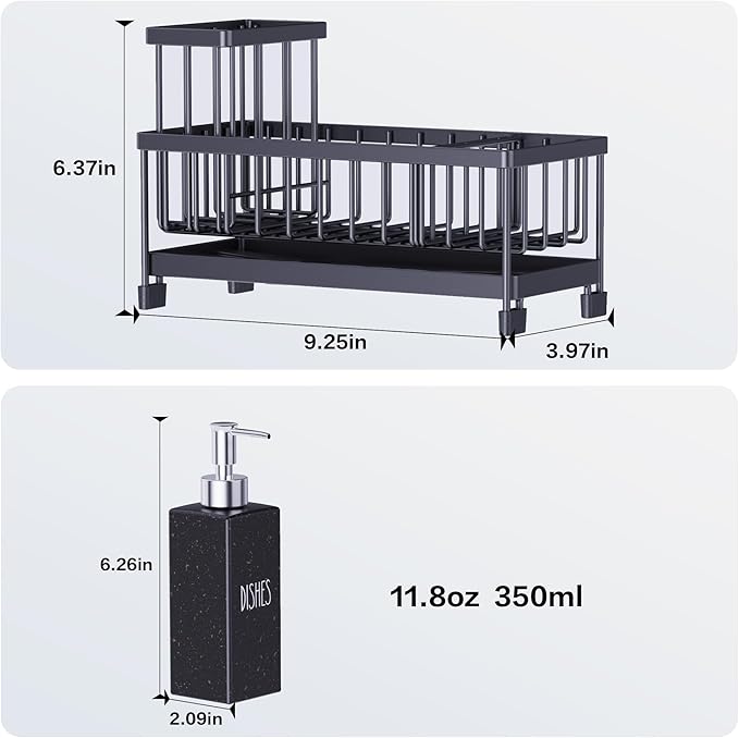 Kitchen Soap Dispenser Set with Sink Caddy, 12 Oz Glass Bottle, Hand and Dish Soap Dispenser Set with Sponge Holder (Black Sink Caddy + Black Bottle)