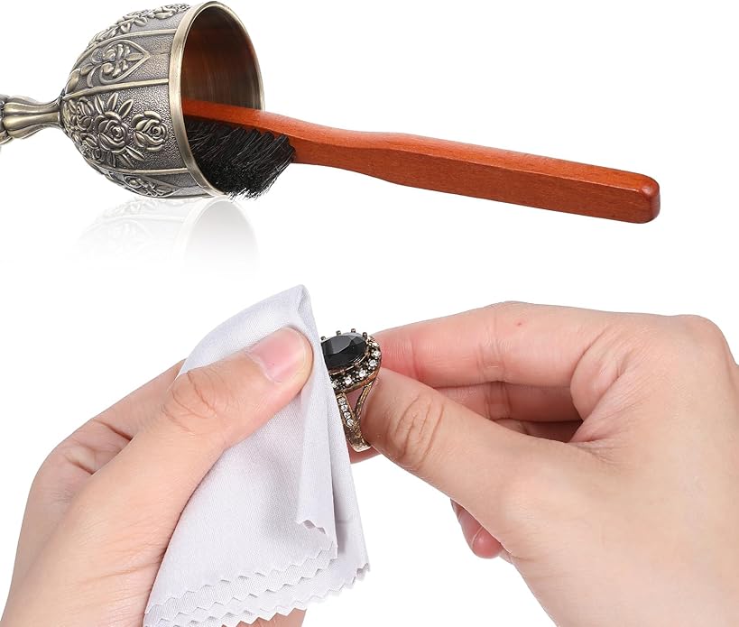 Lusofie Silver Polish Set 4pcs Horsehair Brush with 2pcs Silver Polishing Cloth Jewelry Cleaning Kit for Silverware, Plates and Jewelry Polishing, Detail Cleaning Tool