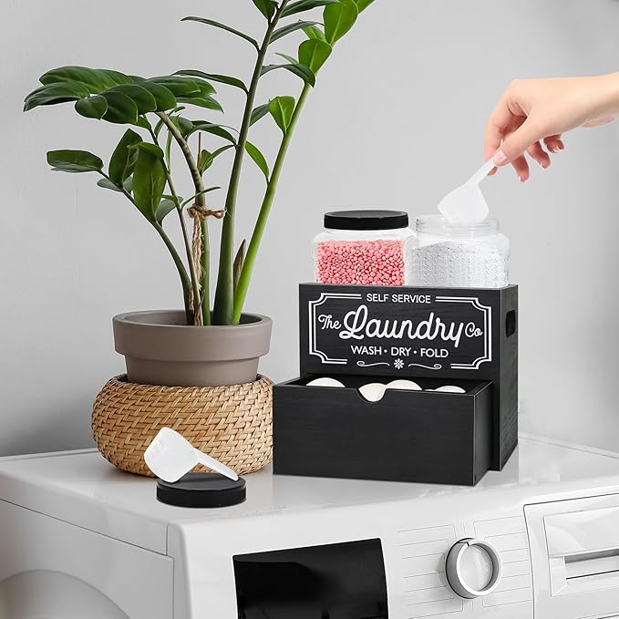 Dryer Sheet Container for Laundry Room Organization, Laundry Pods Container Include 2 Plastic Jars with Lids for Laundry Room Storage, Drying Ball and Laundry Detergent Dispenser, Laundry Room Decor