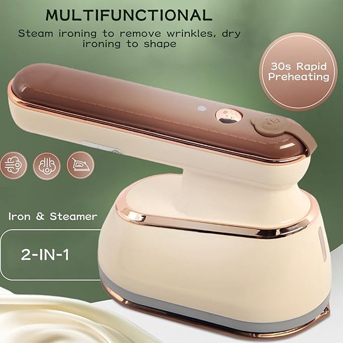 Portable Clothing Steamer, 800W 2-In-1 Iron & Clothes Steamer,A 30S Fast Preheating High-Power Clothing Wrinkle Remover That Is Not Picky About Fabrics and Suitable for Both Home & Travel (Beige)
