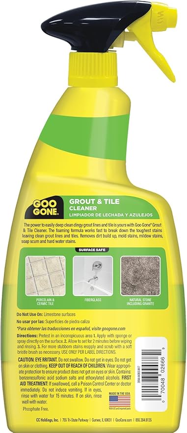 Goo Gone Grout and Tile Cleaner - 28 Ounce - Removes Tough Stains Dirt Caused by Mold Mildew Soap Scum and Hard Water Staining - Safe on Tile Ceramic Porcelain, pack of 2