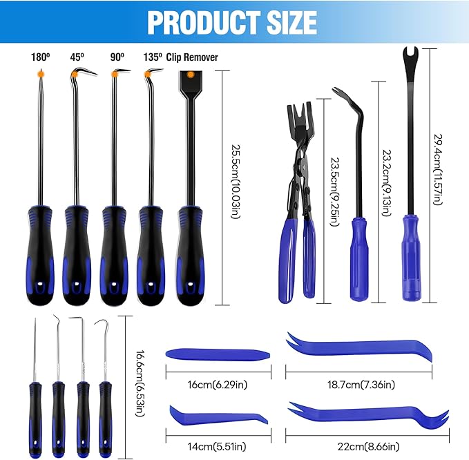 16-Piece Automotive Tool Kit with Storage Bag- Oil Seal Hook Set, Clip Remover, Gasket Scraper & Pry Tools, Includes Work Gloves for Car Repair & Mechanical Maintenance (Blue)