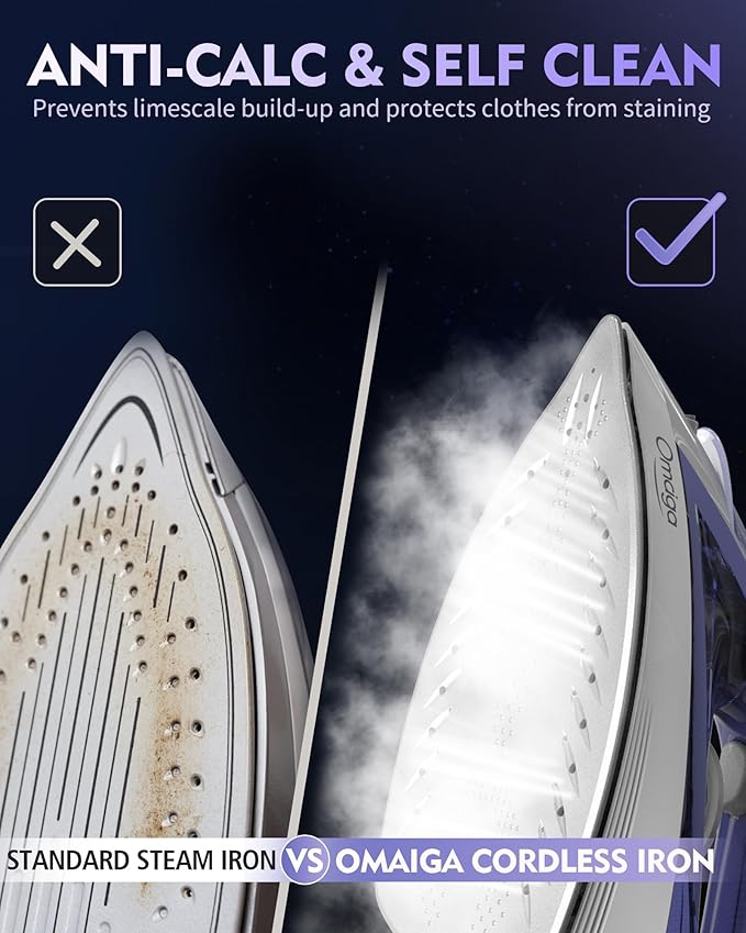Cordless Iron for Clothes, 1550W 2-In-1 Cordless/Corded Steam Iron Rapid Heating, Ceramic Soleplate, 3-Way Auto-Off, Self-Cleaning, 12.85oz Water Tank Ironing Clothes for Home, Purple