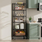 SINGAYE 6 Shelf Storage Wire Shelves Closet Bathroom Organizers Metal Pantry Kitchen Small Garage Shelving Unit Laundry Room Organization Home Narrow Rack Net Basket with Wheels Black