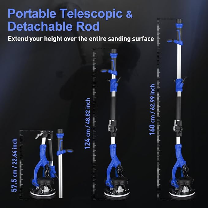 Drywall Sander, 1000W Popcorn Ceiling Removal Tool, Foldable Automatic Drywall Sander with Vacuum Dust Collection, LED Light, 6 Variable Speed 800-2200RPM,15Pcs Sanding Discs (Blue）