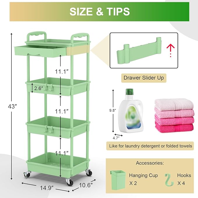 Goovilla 4 Tier Rolling Utility Cart Organizer with Removable Drawer, Stable and Sturdy Green Rolling Storage Carts with 2 Lockable Wheels for Bathroom, Kitchen, Snack, Craft, Makeup, Baby Essentials