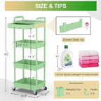 Goovilla 4 Tier Rolling Utility Cart Organizer with Removable Drawer, Stable and Sturdy Green Rolling Storage Carts with 2 Lockable Wheels for Bathroom, Kitchen, Snack, Craft, Makeup, Baby Essentials