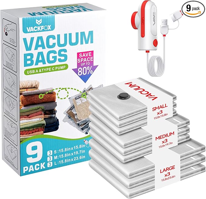Travel Vacuum Bags with USB & TYPE C Pump,9 Pack Carry-On Size Vacuum Storage Bags for Luggage and Suitcase,Vacuum Luggage Bags,Space Saver for Clothes and Clothing Travel(Red)