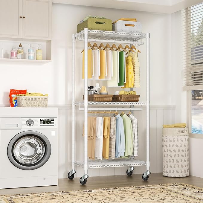P3 Mini Rolling Clothes Rack, Clothing Racks for Hanging Clothes, Heavy Duty Garment Rack, Freestanding Portable Closet Rack 23.6'' W x 14'' D x 78.5'' H, Max Load 430 Lbs, White
