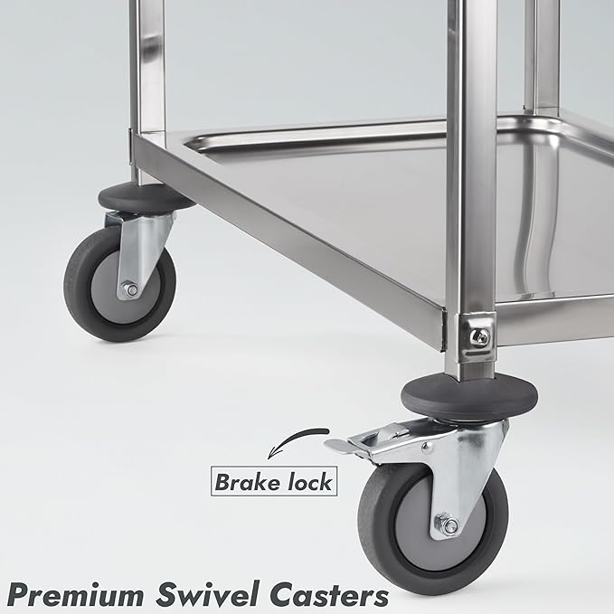 CURTA Stainless Steel Serving Trolley, 38" L x 20" W x 37" H 3 Tiered Shelf Kitchen Utility Cart, Rolling Casters Brake Wheel, Commercial Pro for Restaurant/Hotel/Lab/Clinic/Salon/Workshop