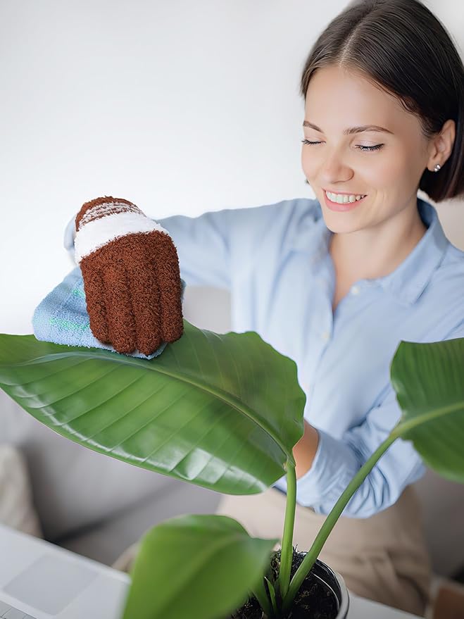 Patelai 3 Pairs Microfiber Plant Dusting Gloves Leaf Cleaning Gloves for Indoor Plants, Blinds, Furniture, House (Gray,Orange,Brown,Large)