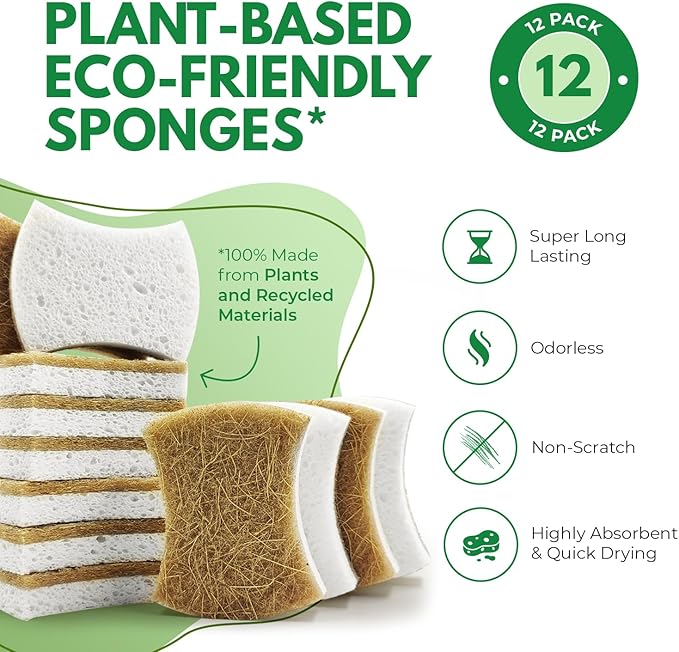 Biodegradable Natural Dish Sponges - Coconut and Cellulose - Eco Friendly Non-Scratch Heavy Duty Dish Scrubber - Pack of 12