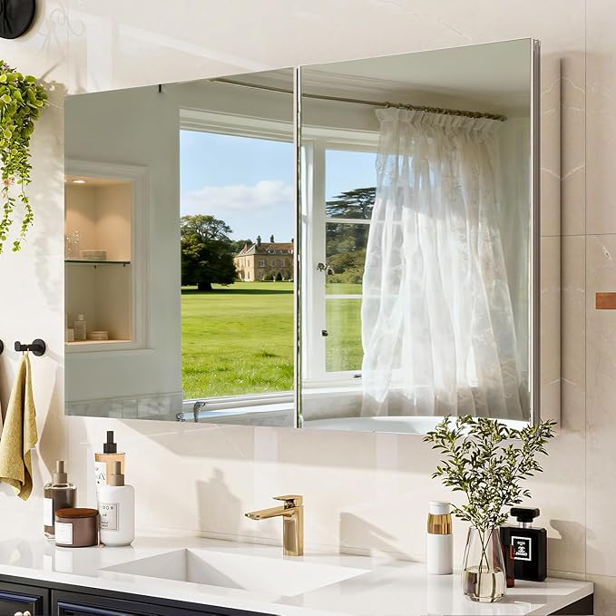 BEAUTYPEAK Bathroom Medicine Cabinet Mirror with Storage, 40 Inch x 26 Inch Silver Medicine Cabinet with Double Door & Adjustable Shelves for Vanity, Tempered, Aluminum Surface, Wall-mount or Recessed