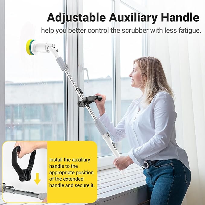 Electric Spin Scrubber, Cordless Cleaning Brush Shower Scrubber Up to 550 RPM with 9 Replaceable Brush Heads, Bathroom Scrubber Adjustable Extension Handle for Cleaning Bathroom Kitchen(Grey)