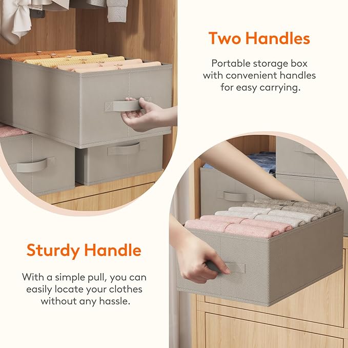 Lifewit 4 Pack Clothes Organizer, 6 Grids Closet Jean Storage Bins with Handles and Support Boards, Foldable Drawer Organizer for Sweater, Pants, T-shirt, Dress, Grey, Size 16.5''x10.6''x7.1''
