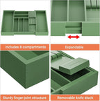 Bamboo-Silverware-Drawer-Organizer-Kitchen, Expandable Utensil Holder Cutlery Tray Flatware Organization Adjustable Wood Tableware Dividers Storage (with Removable Knife Block)(Grayish Green)