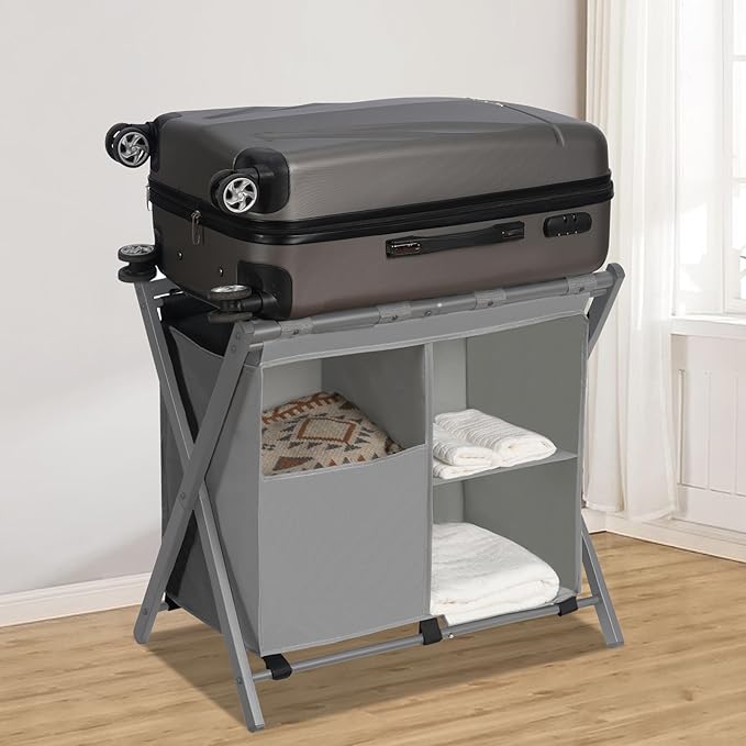 Heybly Luggage Rack with Laundry Bag,Pack of 2,Steel Folding Suitcase Stand with Storage Shelf for Bedroom, Hotel, Foldable Steel Frame, Gray,HLR006G2