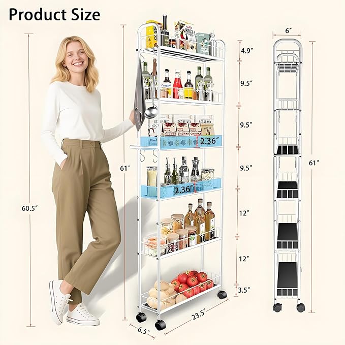 6 Tier 6in Slim Rolling Cart with Handle, White Mobile Shelving Unit with Wheels, Metal Wire Storage Rack with Baskets for Kitchen Bathroom Office Laundry Narrow Piaces