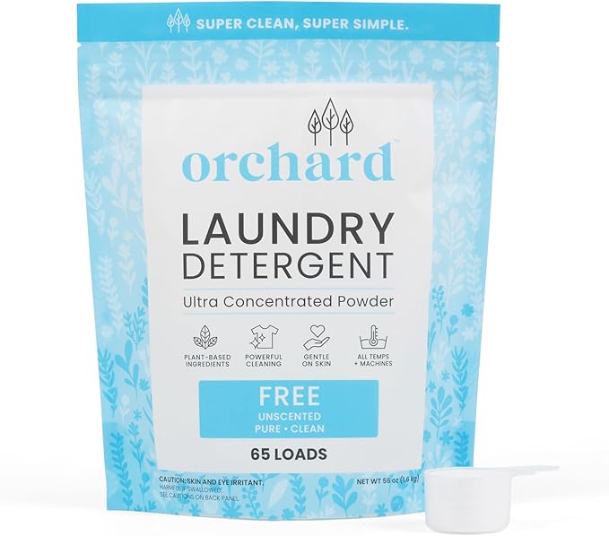 Orchard Laundry Detergent Powder Natural Deep Cleaning Laundry Powder for Sensitive Skin - Fragrance Free - Plant Based Effective Ingredients - 65 Loads - Enzyme-Powered, Eco Friendly Detergent