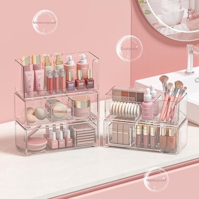 Stackable Storage Drawers Clear Plastic Storage Bins Bathroom Drawer Organizer Medicine Cabinet Organizer Makeup Organizers w Removable Divider Home Workspace Office Desktop Vanity Gift Idea 3Pack