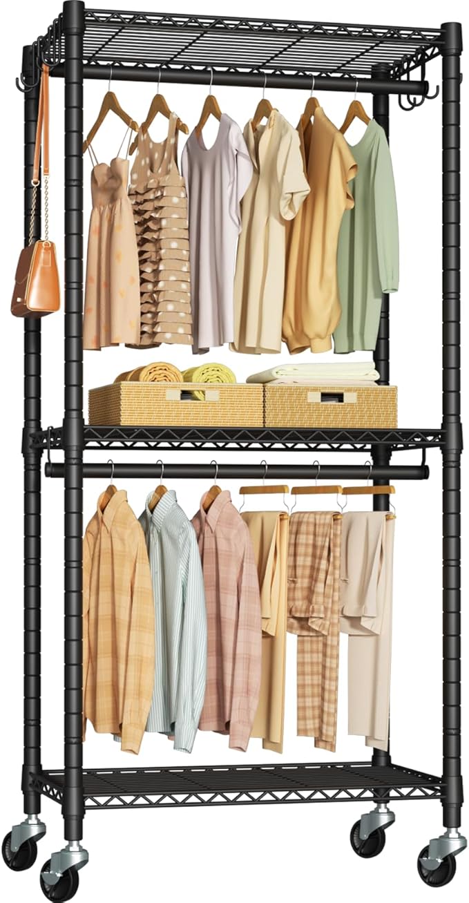 P3 Mini Rolling Clothes Rack, Clothing Racks for Hanging Clothes, Heavy Duty Garment Rack with Wheels, Freestanding Portable Closet Rack 23.6'' W x 14'' D x 78.5'' H, Max Load 430 Lbs, Black