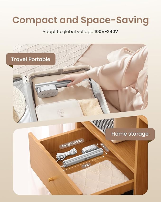 Travel Steamer for Clothes,100-240V Portable Garment Steamer, Steamer＆Iron 2 In 1,30s Fast Heat-up,120ml Water Tank,Large Ceramic Heat Panel,HandheldSteamer for Global ＆ Europe Traveling,Silver