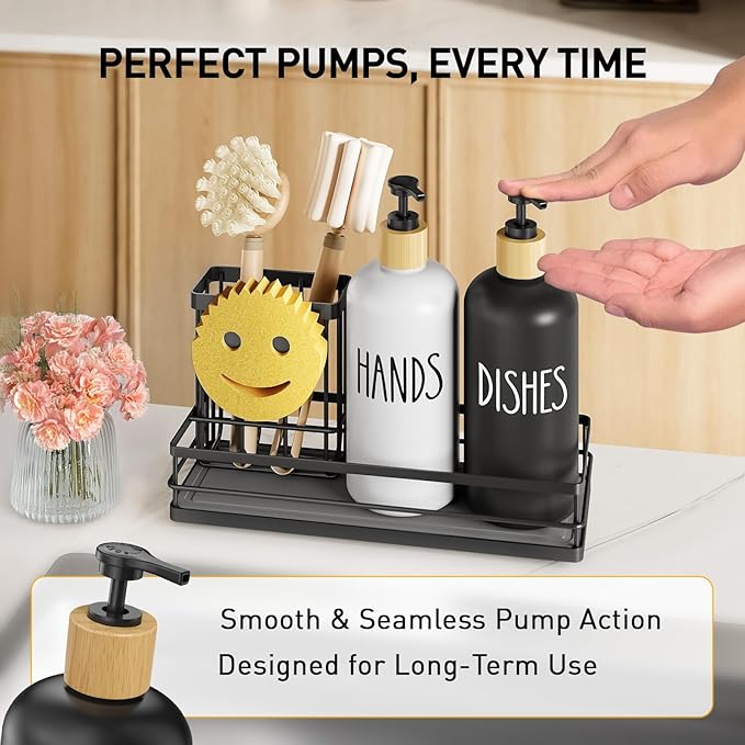 Moforoco Kitchen Dish Soap Dispenser Set, 16OZ Glass Bottle, Hand and Dish Soap Dispenser Set, Instant Dry Tray, Non-Slip Silicone Pad, Brush Holder with Smiley Face Sponge Holder, Kitchen Decor