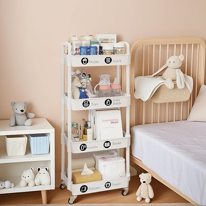 UDEAR 4-Tier Rolling Utility Cart with 12 Category Labels,Multifunctional Storage Shelves with Handle and Lockable Wheels for Room,Office,Kitchen,Bathroom,White