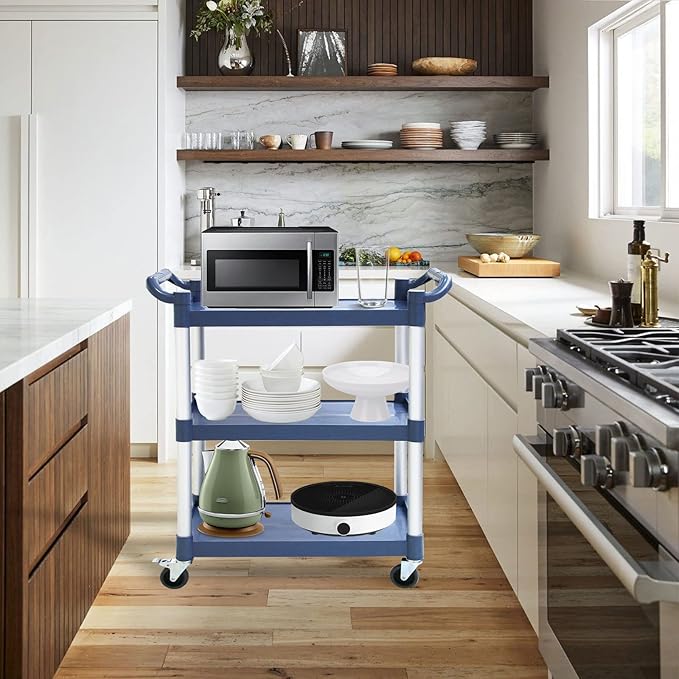 3-Tier Utility Cart With Wheels, Heavy Duty Rolling Restaurant Cart 420lbs, Plastic Bus Cart With Lockable Wheels and Rubber Hammer for Warehouse/Office/Kitchen, Grey