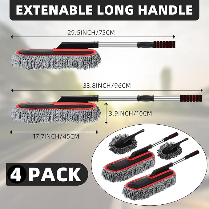 Tanlade 4 Pack Microfiber Car Duster Exterior Scratch Free with Extendable Handle Auto Duster Exterior Cleaning Dust Tools for Car Brush for Cars Truck Bike RV Boats Motorcycle (Gray with Red Edge)