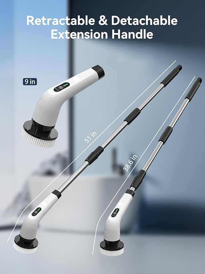 Electric Spin Scrubber - 120Min Cordless Shower Bathroom Cleaner with 8 Brush Heads | 440 RPM Power Scrubber (3-Speed) & Adjustable Extension Handle for Cleaning Bathtub, Tile, Grout