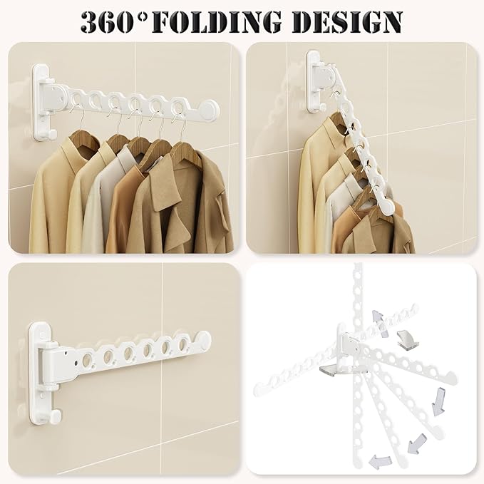 Wall Mount Clothes Drying Racks White Clothes Drying Organizer Rack Garment Hooks Aluminium Retractable Folding Indoor Wall Mounted Hanger Space Saver for Laundry Room Bedroom White 2-Pack