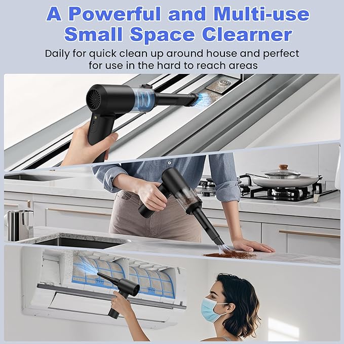 Car Vacuum Portable Cordless with 16000PA Ultra Suction 4-in-1 Foldable Air Duster & Brushless Motor Rechargeable Handheld Vacuum for Pet Hair, Car Seats, Home & Office Cleaning