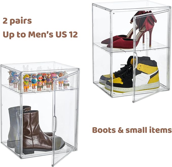 XXX-Large Clear Acrylic Display Case Boot Shoe Storage Boxes With An Adjustable Divider,2 Pack 2 Tiers Clear Plastic Stackable Storage Bins With Lids Big Display Acrylic Box With Magnetic Door