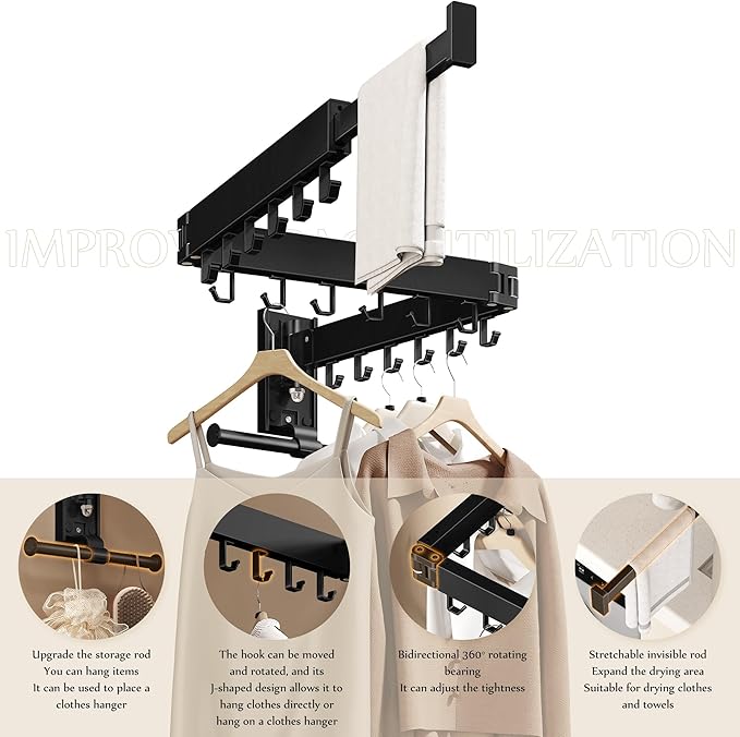 Wall Mounted Collapsible Clothes Drying Rack, Space-Saving Laundry Drying Rack Clothing Hanger, Durable Foldable Design Extends Left, Right & Up for Upgraded Versatility