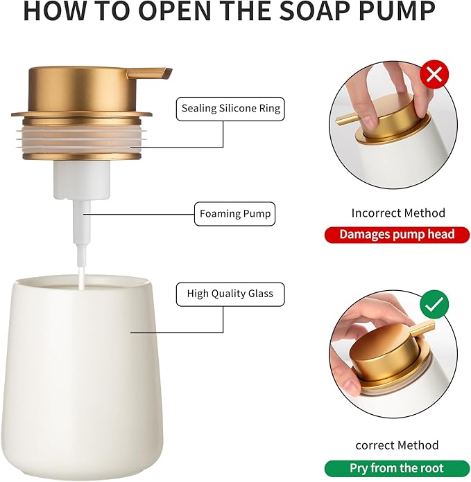 Enra Foaming Soap Dispenser,12 oz Beige Ceramic Modern Poam Hand Soap Dispenser for Bathroom,Kitchen with Easy-to-Press Pump (White Poam Gold Pump)