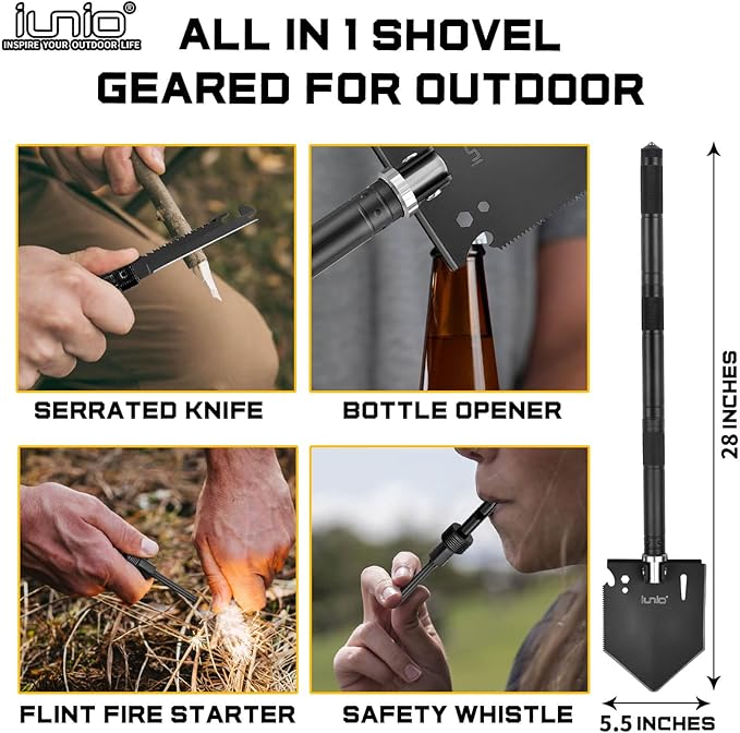iunio Camping Shovel,Shovel Folding, Portable, Multitool, Foldable Entrenching Tool, Collapsible Spade, for Backpacking, Trenching, Hiking, Survival, Car Emergency