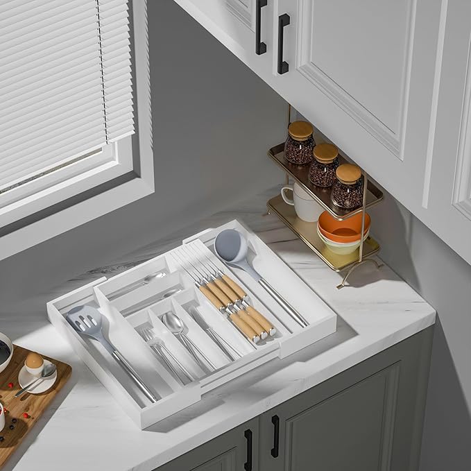 Bamboo-Silverware-Drawer-Organizer-Kitchen, Expandable Utensil Holder Cutlery Tray Flatware Organization Adjustable Wood Tableware Dividers Storage (with Removable Knife Block)(White)