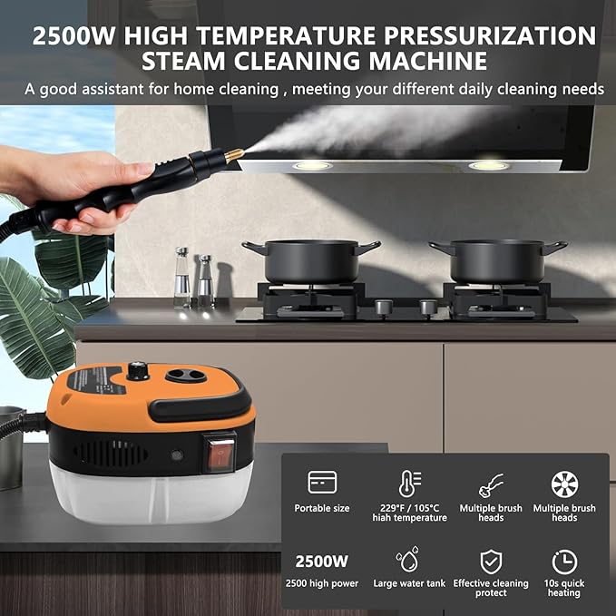 Handheld Steam Cleaner, 2500W Pressurized Steam Cleaner with 3 Brush Heads, Portable Steam Cleaner for Home, Car, Furniture, Kitchen, Bathroom and Wall, Orange