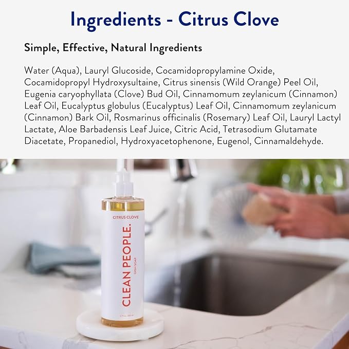 THE CLEAN PEOPLE Liquid Dish Soap - Clean, Simple Ingredients - Extra Scrubbing Power (Citrus Clove Scent) 12 fl. oz (6 Pack)